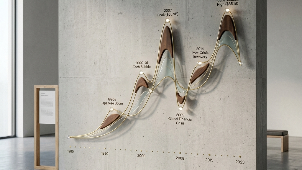 アート市場のデータ推移を示す静謐でコンセプチュアルな可視化アート