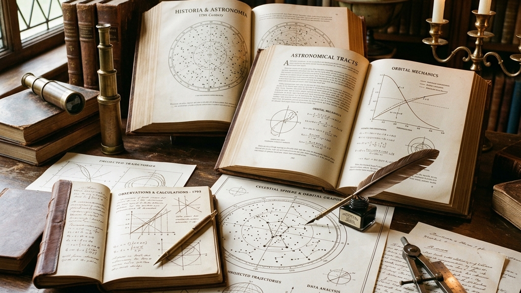 歴史的な文献と計算されたグラフが交差する知的なテーブルスケープ写真