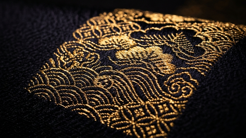 暗闇の中に浮かび上がる微細な西陣織の微細な金糸の輝き、継承される未来のメタファー