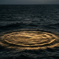 深い暗闇の海に浮かび上がる一条の金色の波紋が示す現代アート市場の真理と歴史的資産の姿