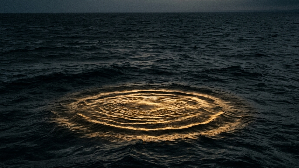 深い暗闇の海に浮かび上がる一条の金色の波紋が示す現代アート市場の真理と歴史的資産の姿