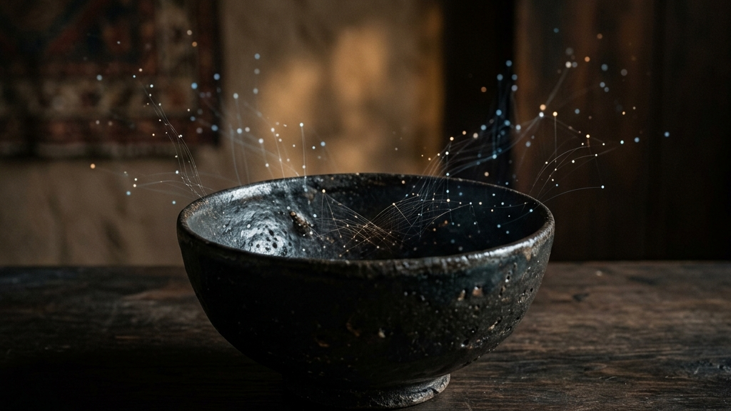 仄かなデジタルデータの光が古代の陶器へと融合していく姿から読み取る大衆化の象徴