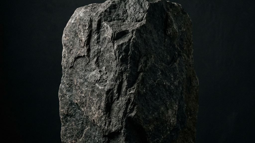 深い背景の中に存在する生々しく重厚な一枚岩が伝える物的な重力と静けさ