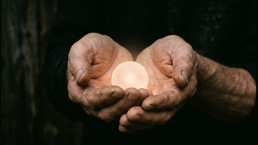 深く暗い影の中で、ほのかな光を帯びた球体を守り育むように包み込む両手の軌跡