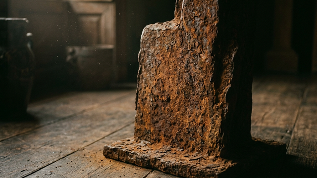 錆びた鉄の現代彫刻と木床