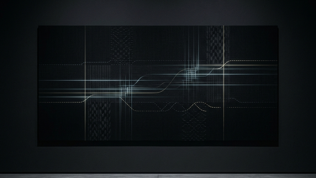 西陣織の伝統的なテキスタイルとデジタルの光る糸が混ざり合うミニマルな抽象アート