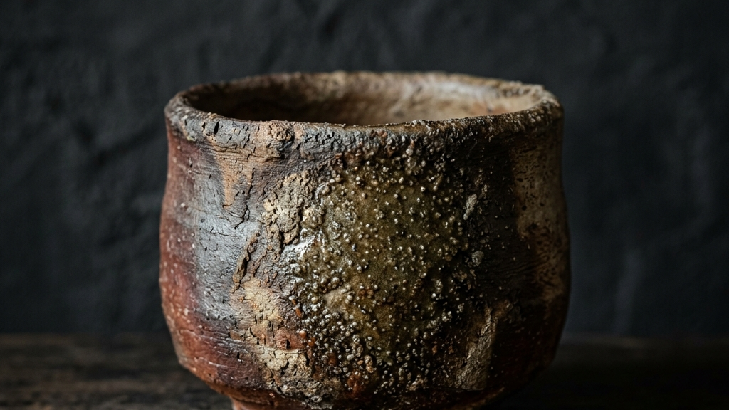 ギャラリーでスポットライトを浴びる備前焼の器