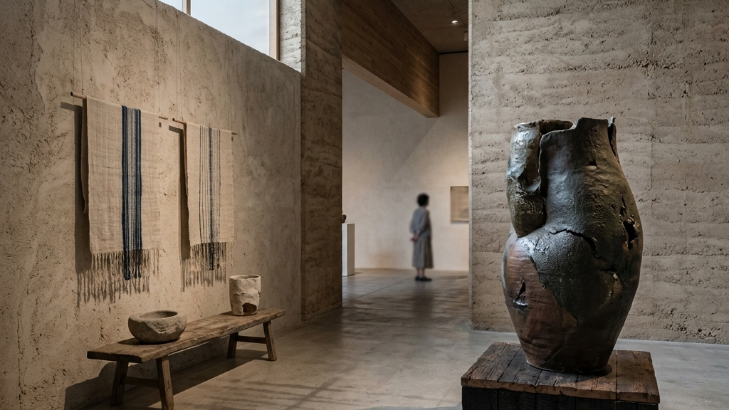 静謐な空間に展示された工芸と現代アートの境界線を象徴するミニマルな抽象空間
