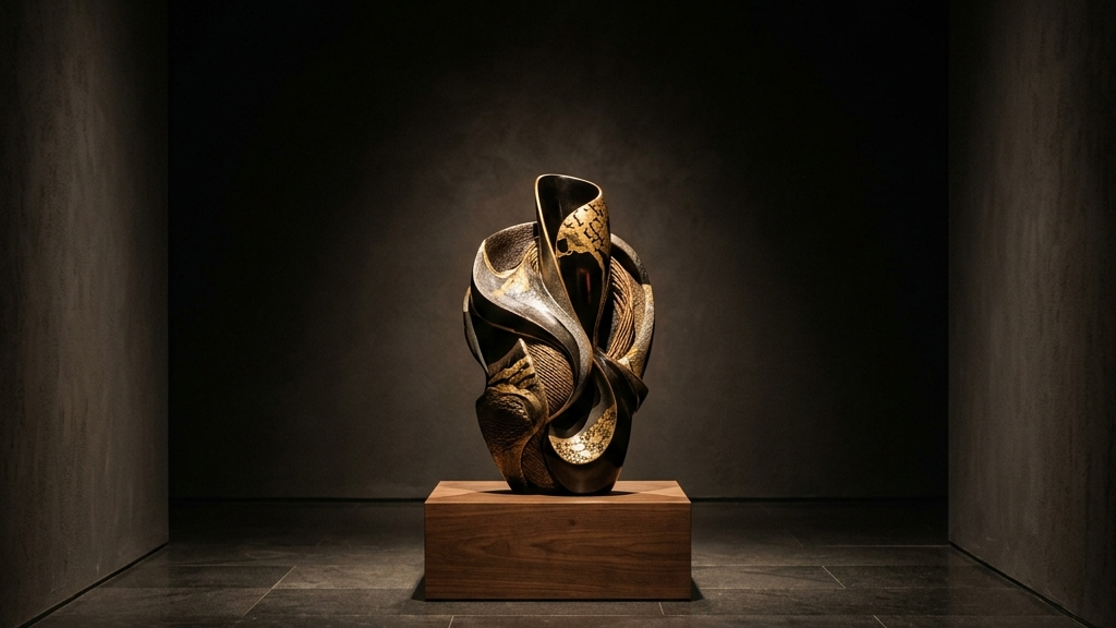 光と影が交錯する静謐な空間で、静かに凄みを放つ日本の伝統工芸品の抽象イメージ