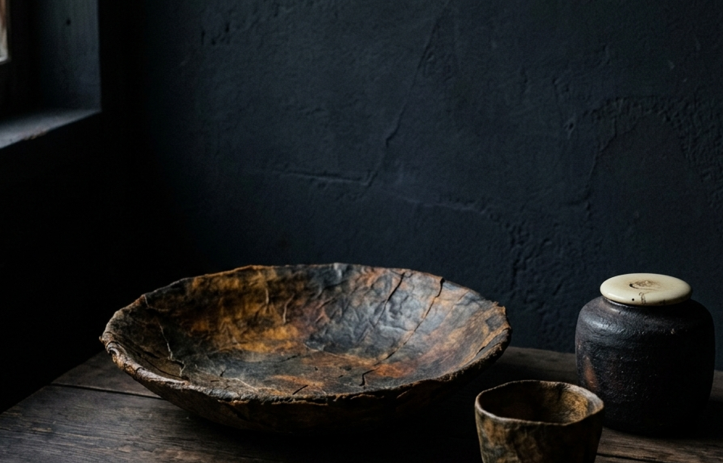 静謐な薄暗い空間に佇む、深い飴色に変化した伝統的な一閑張り行李の圧倒的な存在感