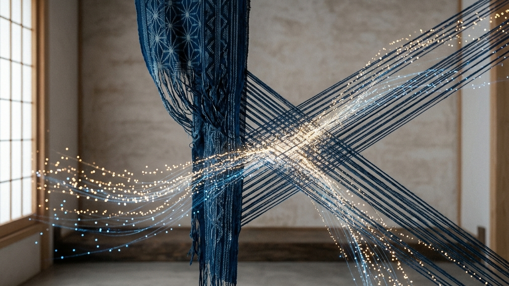 微細な糸の交差とデジタルデータの粒子が静かに溶け合う抽象的な概念図