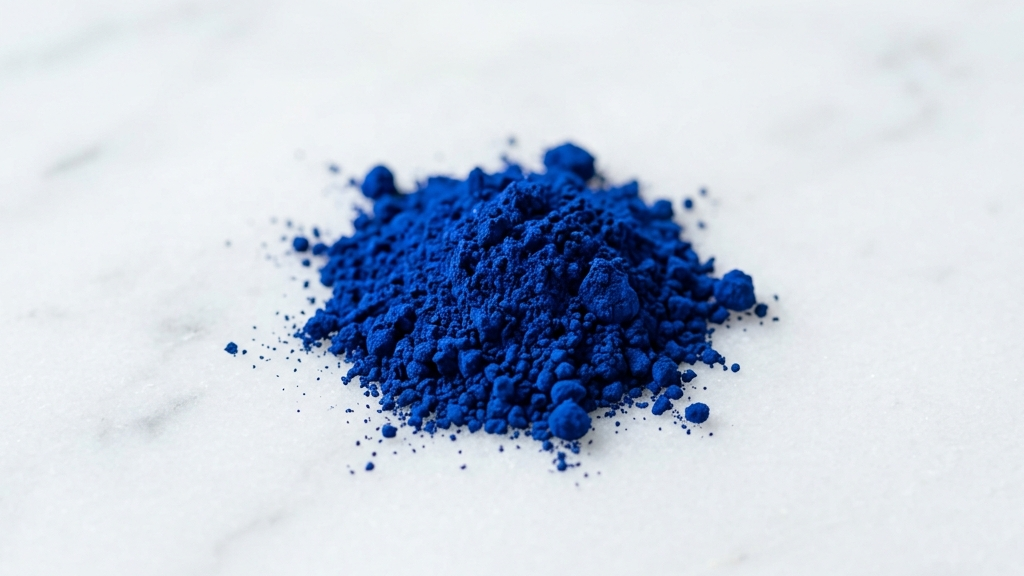 純度の高いプルシアンブルー顔料が白い大理石の上に乗る、緊張感と静寂を伴うマクロ写真