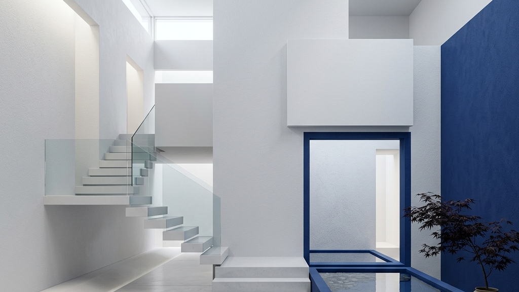 完璧な黄金比と幾何学的な均衡を保つ、静かで抽象的な建築空間の光と影