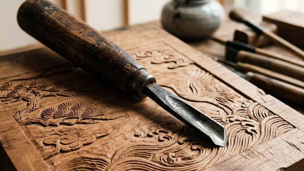 静かな光の中に置かれた、繊細な彫刻刀と桜材の版木。緊張感のある侘び寂びの表現