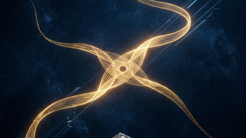 深いブルーの空間に浮かぶ、近未来のアブストラクトなラインとゴールドの交差点。高度なブランド美学