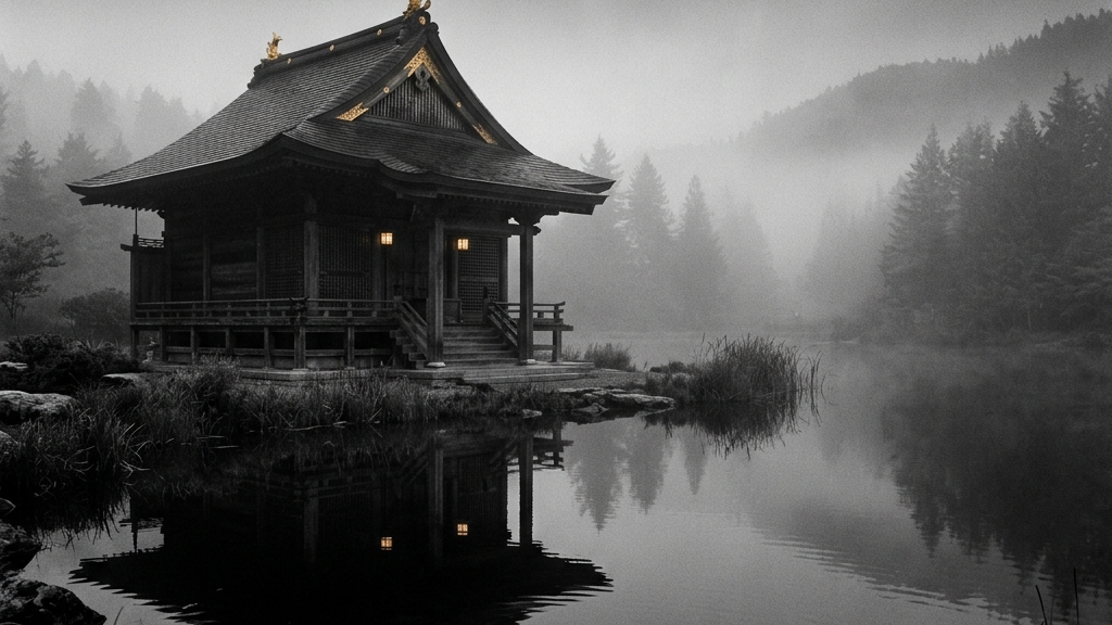 静寂に包まれた暗い池の水面に反射する、直線的でミニマルな古代木造建築の屋根と微かな金色の意匠