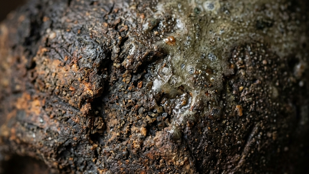 土塊と炎の痕跡を接写したマクロ視点の備前焼のテクスチャ