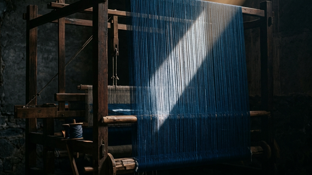 織り機に張られた幾千の糸が、一筋の光を受けて静謐な輝きを放つミニマルなアート空間