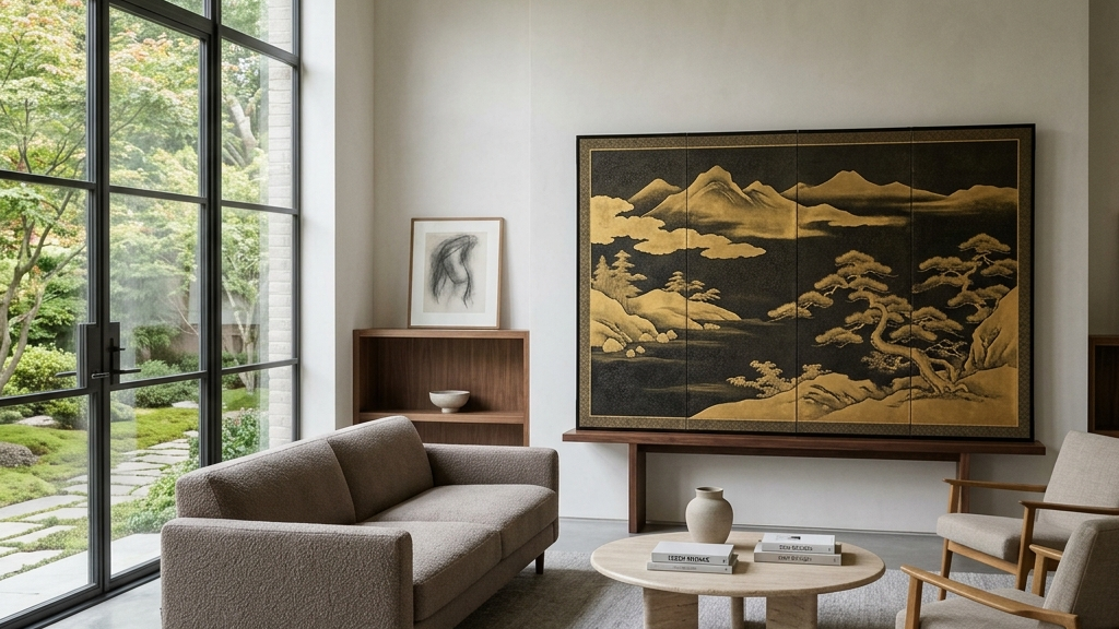 洗練された欧米の室内空間に置かれた、極めてミニマルな漆器または織物