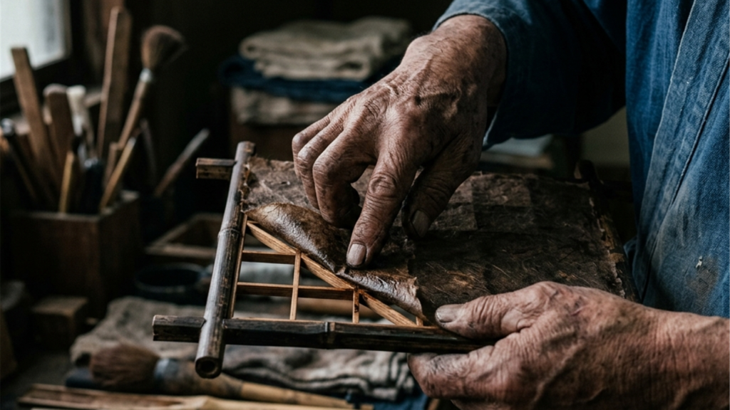 職人の無骨で傷だらけの手が、柿渋を帯びた和紙を幾重にも竹かごへ重ね合わせる泥臭い製作風景