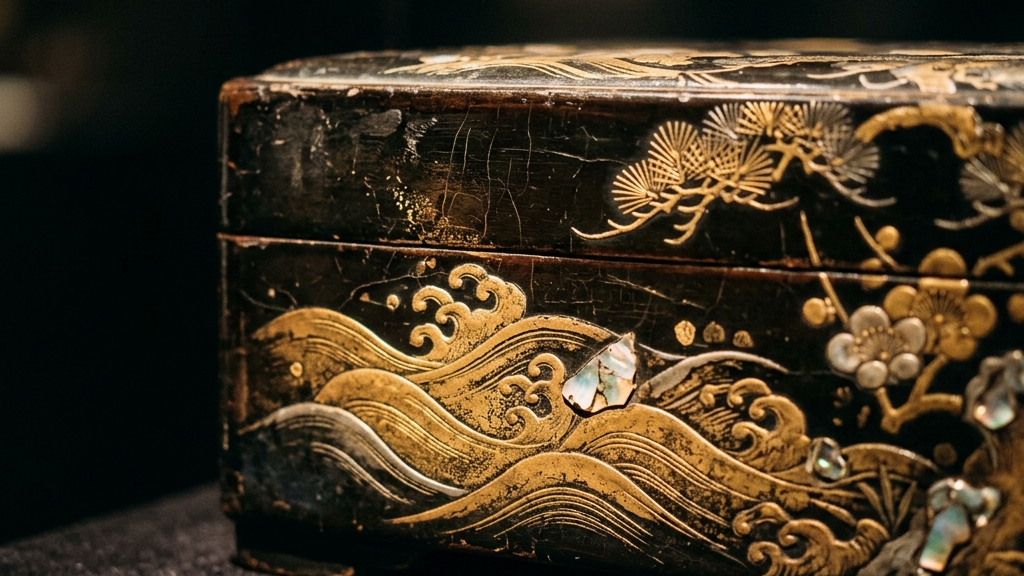 年月を経て重厚な艶を帯び、代々受け継がれていくような普遍的な美しさを持つ重厚な工芸のクローズアップ