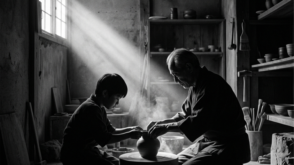 静寂に包まれた薄暗い工房の片隅で、伝統を受け継ぐ親方と弟子の力強いシルエットがひと筋の光に浮かび上がる