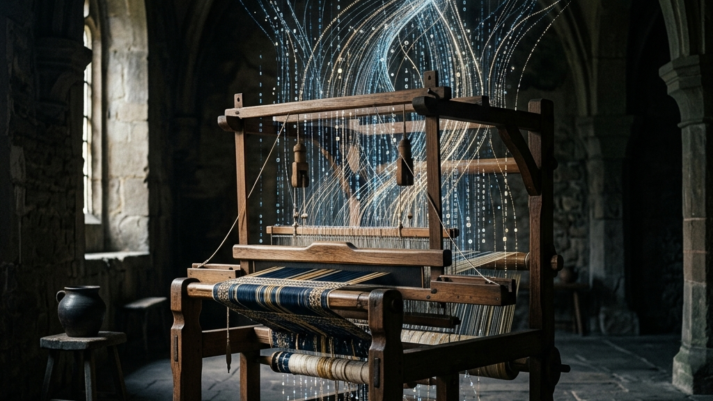 無数のデータストリームが、古びた織り機を取り囲みながら上空へと舞い上がる神秘的な空間