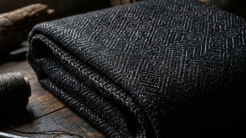 重厚で強靭な漆黒の生地が折りたたまれ、そこに精緻な幾何学模様がわずかに反射光を放つミニマルな暗い構図