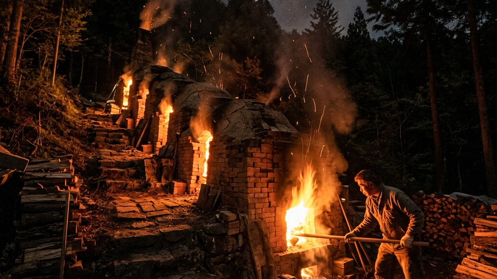 炎を上げて燃え盛る巨大な登り窯の夜景