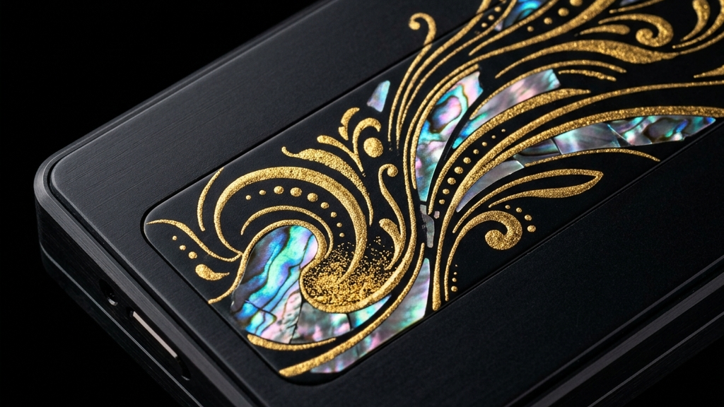 蒔絵と螺鈿が施された黒光りする無機質な計測機器の表面パネル、静謐なスタジオ照明の下で