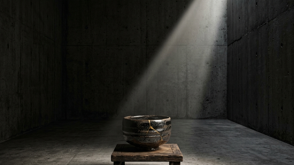 光と影が交錯する茶室のようなミニマルなコンクリート空間に、ぽつんと置かれた一点の工芸