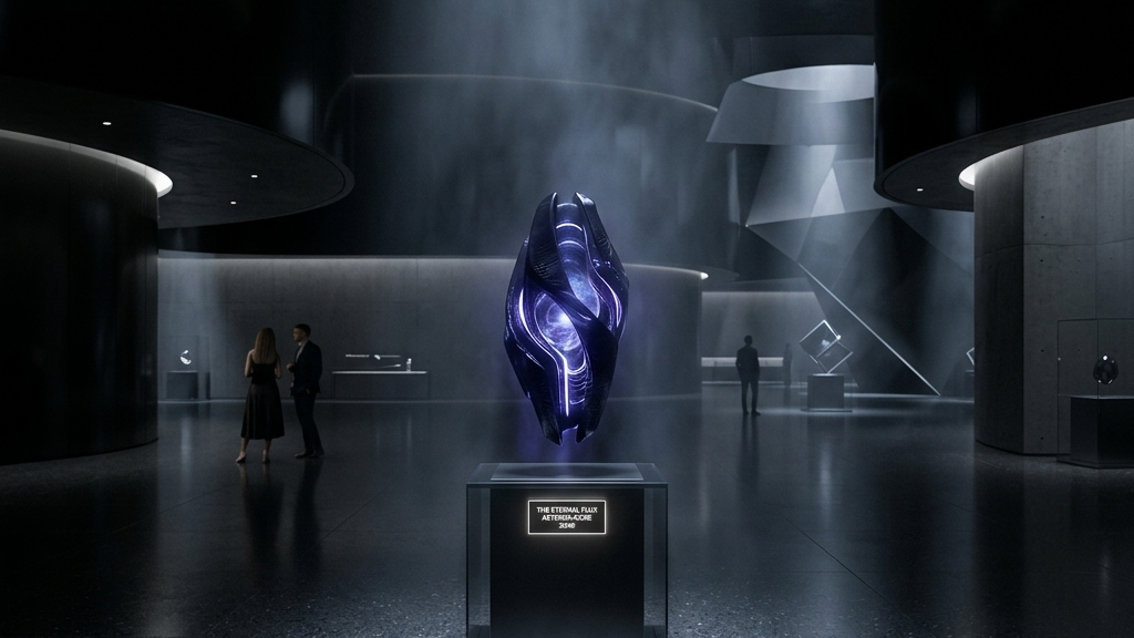 薄暗い未来的な展示スペースの中で、唯一の光源として神々しく浮かび上がるRAIJIN筐体