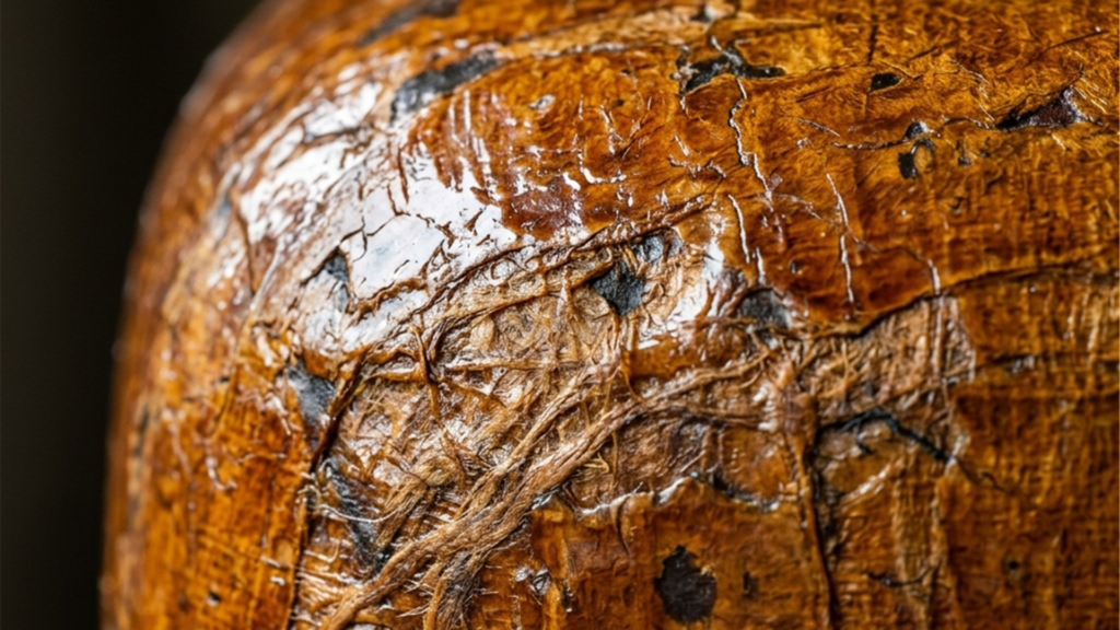 使い込まれた一閑張りの表面に光が反射し、時間と記憶の地層が有機的な艶として現れているマクロ写真