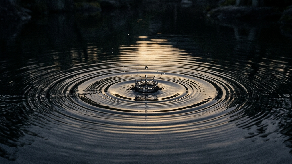 漆黒の水面に一滴の水滴が落ちて作られる完全な同心円状の波紋と微かな金色の反射