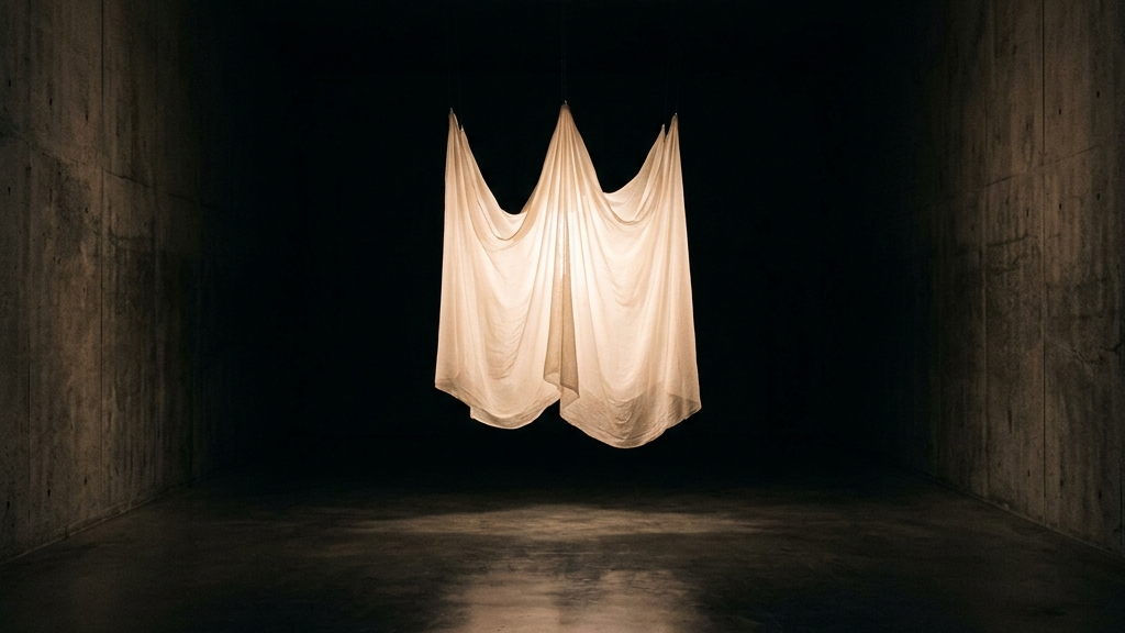 漆黒のミニマルなコンクリート空間に吊るされた一枚の発光する布のインスタレーション