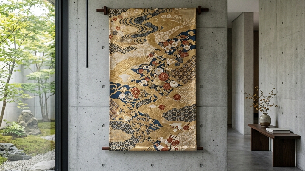 ミニマルな現代建築の空間に配置され、静かに存在感を放つ美しい工芸品の展示風景