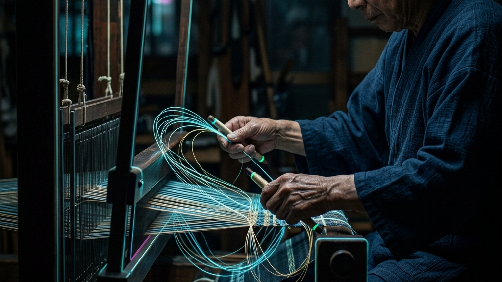 職人の手元と、極細の光の線で可視化されたサイバーと手仕事が交差する情景