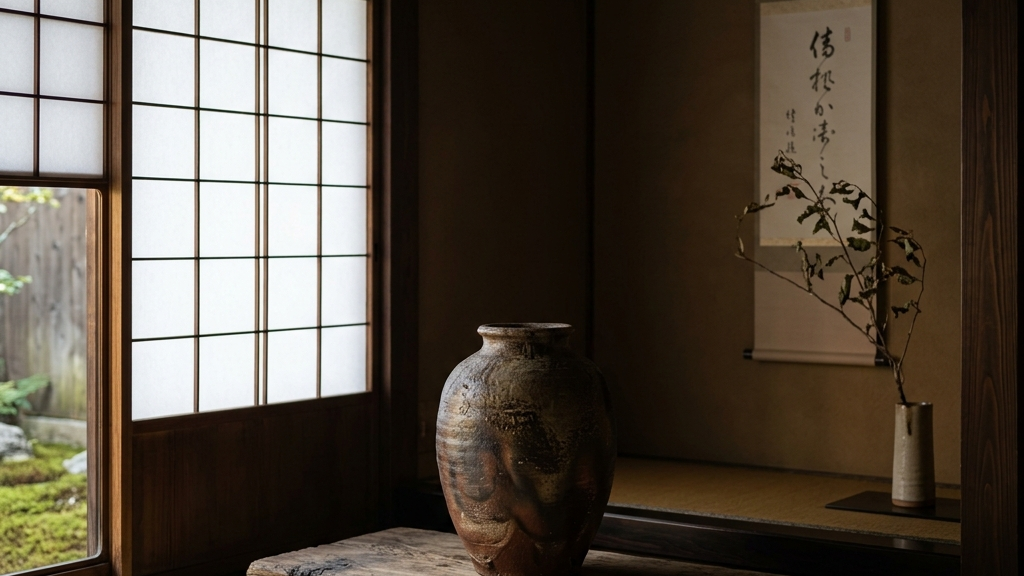 無駄を削ぎ落とした洗練された空間に静かに佇む備前焼の壺