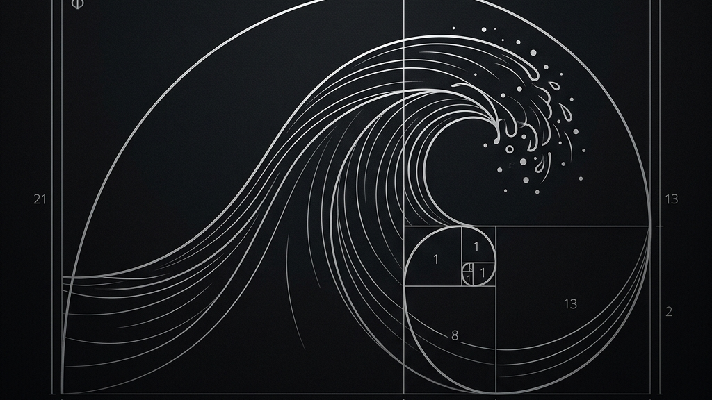 波の曲線と黄金比を組み合わせた、美しいシルバーラインのアブストラクトな概念図