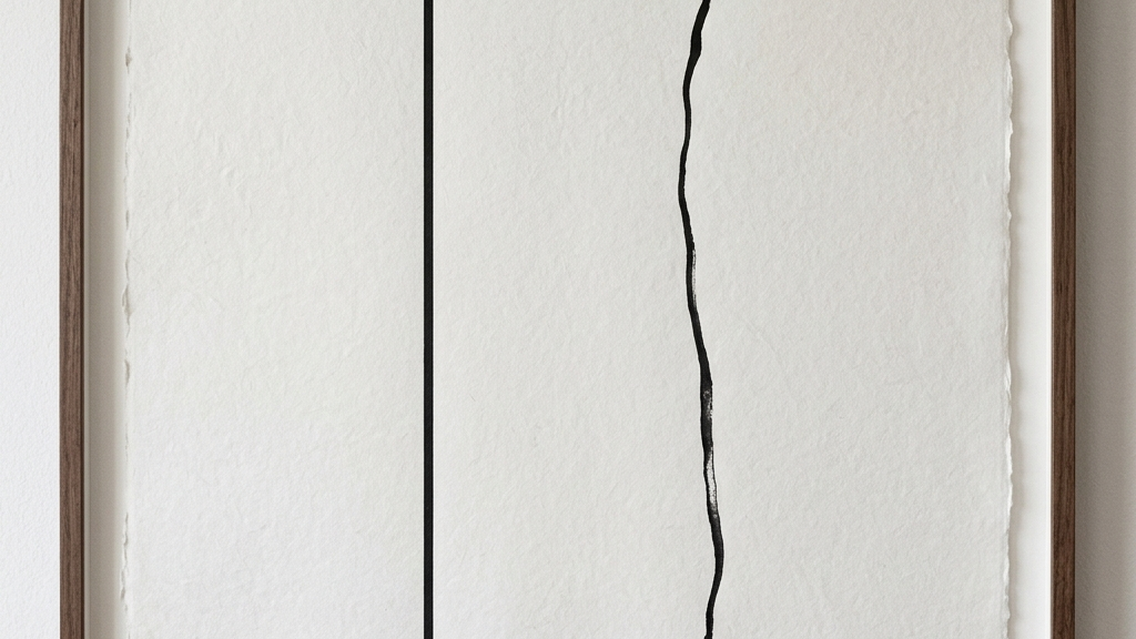 完璧な直線と有機的に揺らぐ曲線が対比的に描かれた、デジタルの完全性と人間の不完全性を象徴するモノクロームの極小芸術