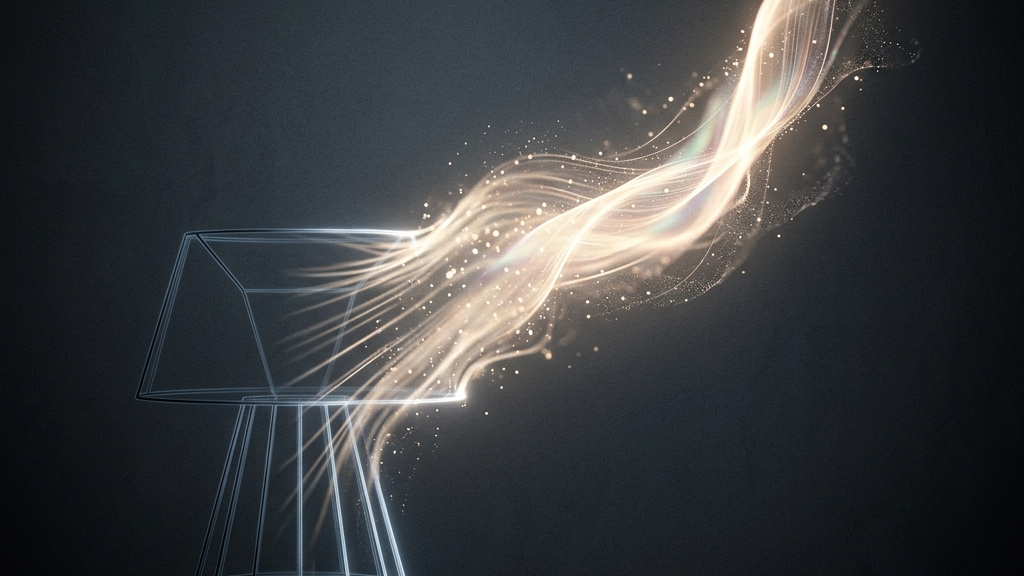 機能的な物体から純粋なエネルギーや美的価値への移行を示す静謐でミニマルなコンセプチュアルアート