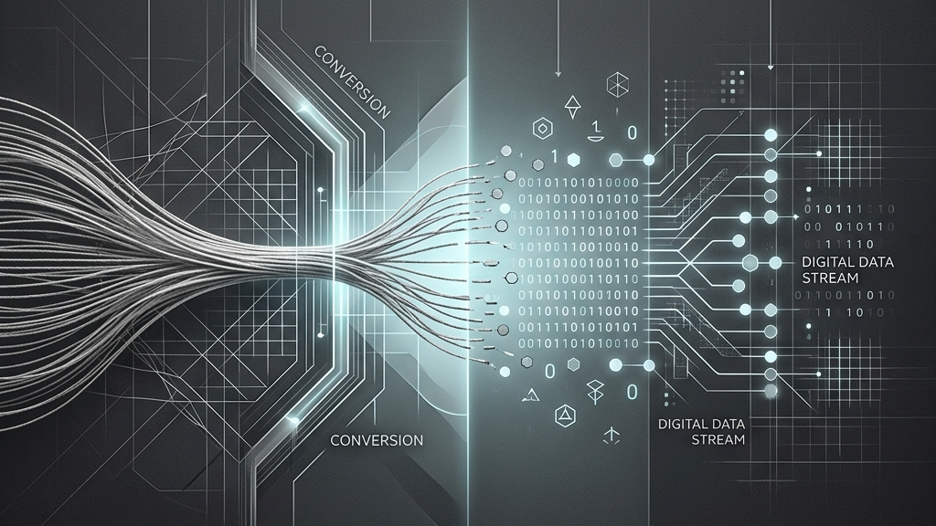 物理的な糸がデジタルデータポイントへと変換されていく過程を示す、モノクロと微細な光のアクセントで構成されたクリーンで幾何学的な概念図