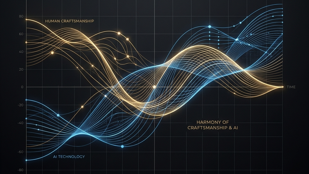 人間の手仕事とAIテクノロジーの調和を、暗い背景に浮かび上がる細くエレガントな曲線で表現したミニマルなアートグラフ