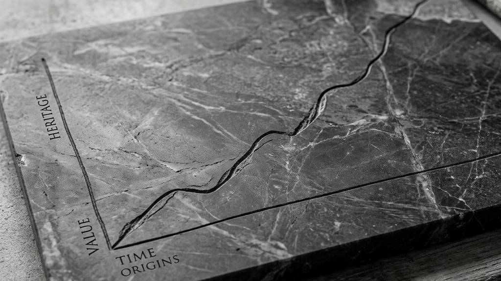 時を超える価値（Value/Time）の推移を概念的に表現した、ダークトーンのミニマルな抽象的ラインアート