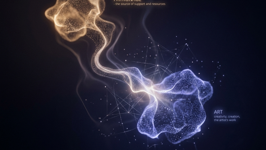 柔らかな光の粒子が暗闇の空間で交差・収束し、パトロネージを通じた文化支援の結びつきを表現した禅的な抽象芸術