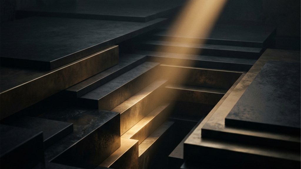 過去から未来へと降り注ぐ一本の暖かい光が、何層にも重なる漆黒のジオメトリックな平面を貫く抽象的コンセプチュアルアート