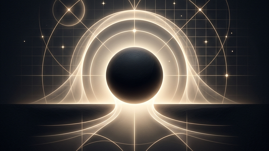 空間、光、そして中心に配置された造形物が相互に響き合う様子を示す、禅とミニマリズムの幾何学的概念アート