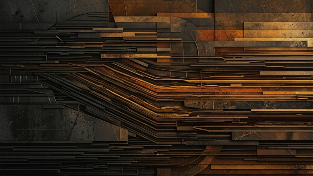 琥珀色と漆黒の静けさが交差するミニマルな空間で、時間の重なりを幾何学的に表現した抽象的コンセプチュアルアート