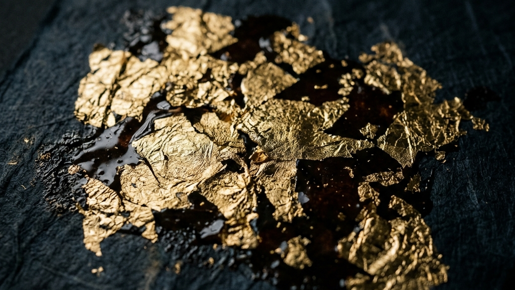 化学繊維とは対照的な、純金箔、和紙、漆、絹のみで構成された本金糸の断面構造