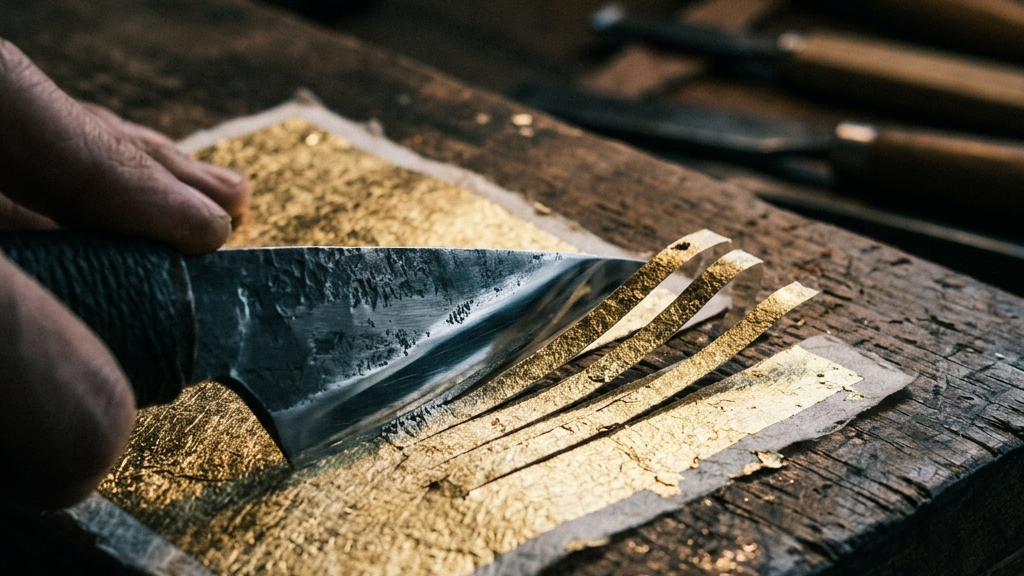 千本の鋼刃を持つマイクロスリッターで箔紙を0.3ミリ幅に裁断する切屋の技術